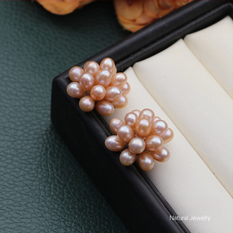 Naušnice od prirodnih slatkovodnih bisera, ručno pletene kuglice u obliku cvijeta, popcorn stil nakita