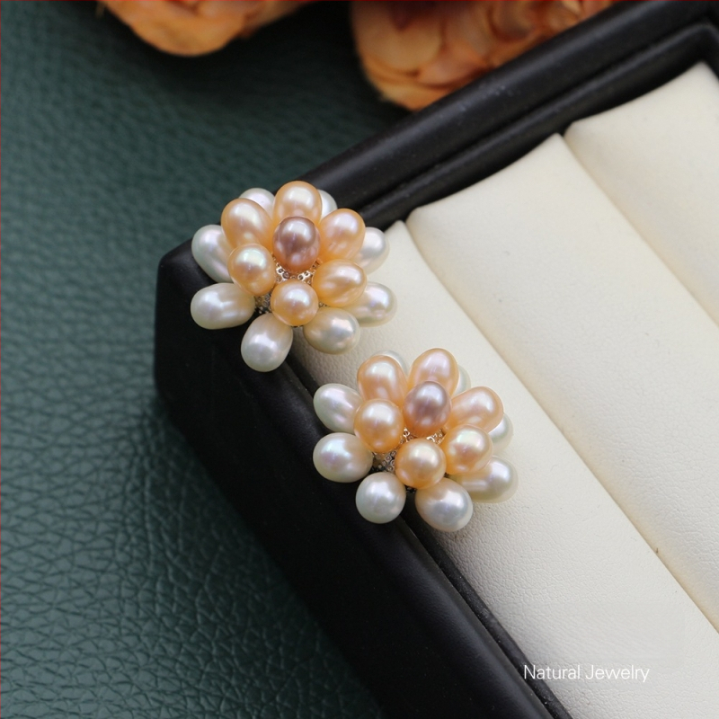 Naušnice od prirodnih slatkovodnih bisera, ručno pletene kuglice u obliku cvijeta, popcorn stil nakita