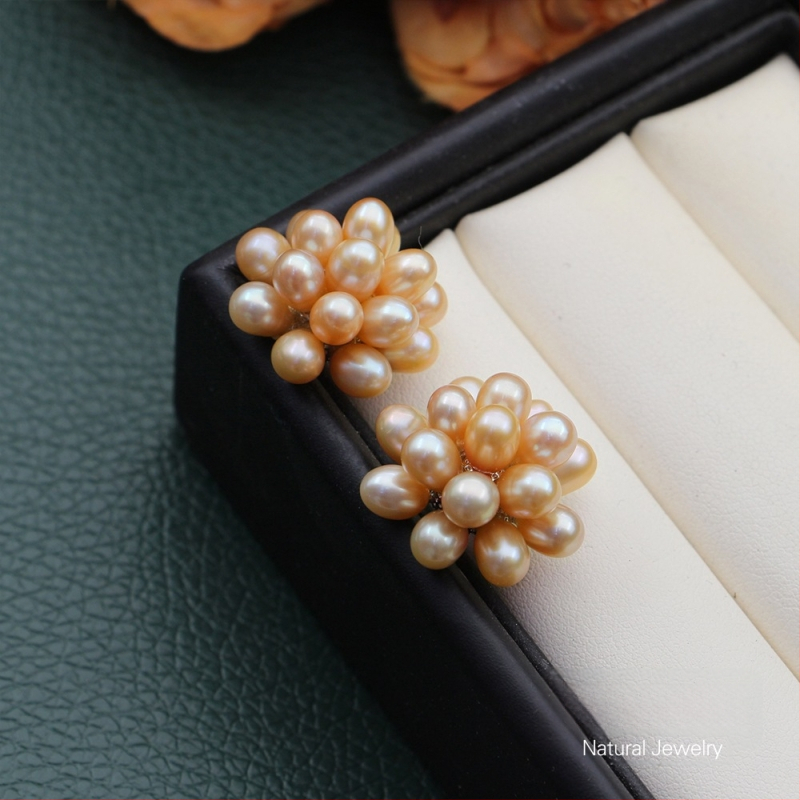 Naušnice od prirodnih slatkovodnih bisera, ručno pletene kuglice u obliku cvijeta, popcorn stil nakita