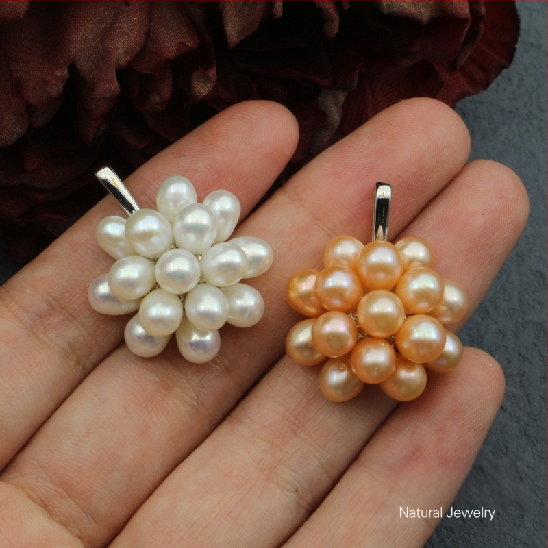 Naušnice od prirodnih slatkovodnih bisera, ručno pletene kuglice u obliku cvijeta, popcorn stil nakita