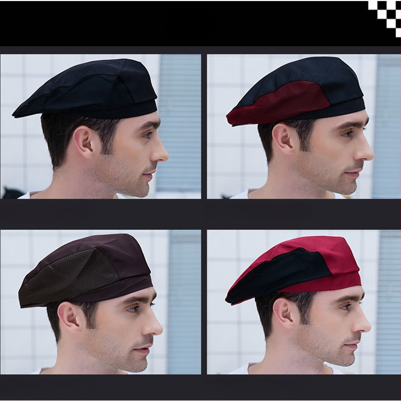 Vasaros beretė šefų kepurė su kvėpuojančiu tinklu, poliesteris, spausdintas logotipas, catering darbo kepurė