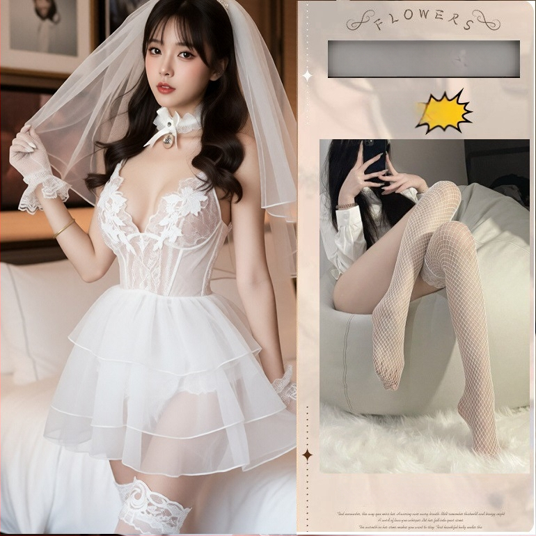 Seksa veļas komplekts ar caurredzamu dziļu V izgriezumu, kalpones uniforma lomu spēlei, poliesters