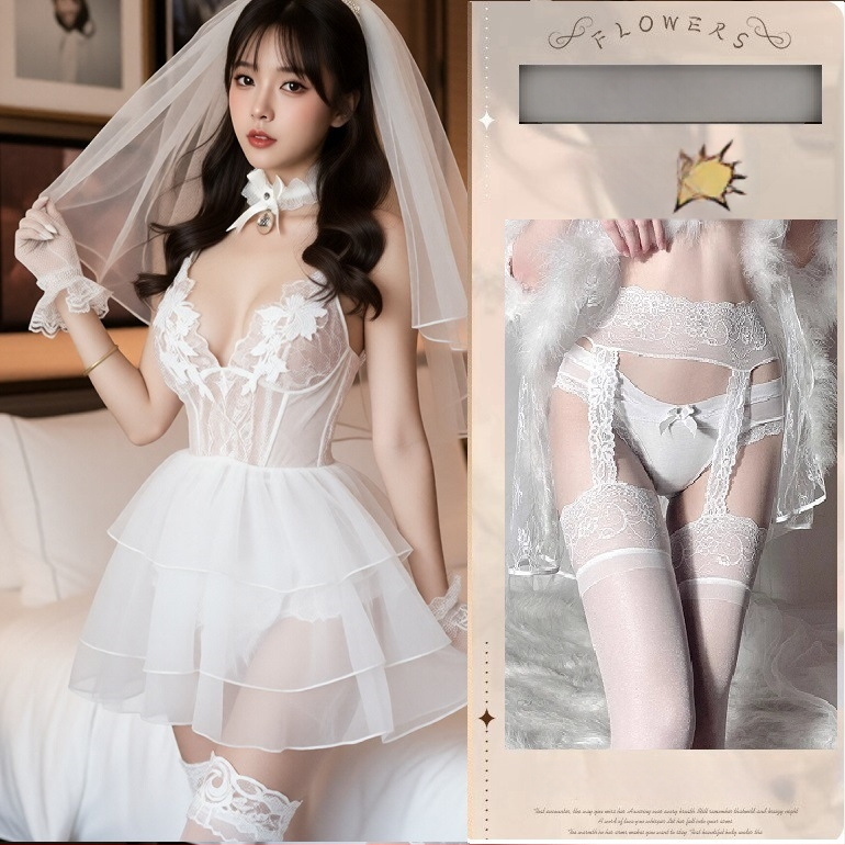 Seksa veļas komplekts ar caurredzamu dziļu V izgriezumu, kalpones uniforma lomu spēlei, poliesters