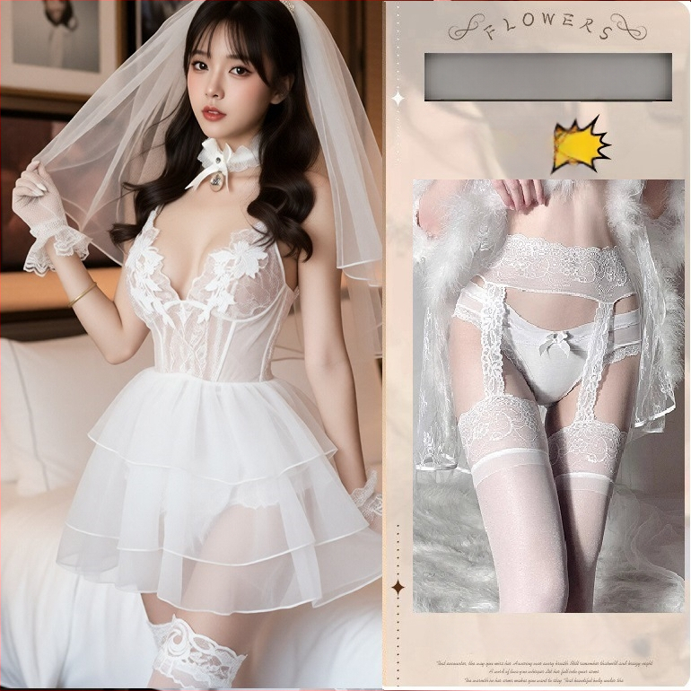 Seksa veļas komplekts ar caurredzamu dziļu V izgriezumu, kalpones uniforma lomu spēlei, poliesters