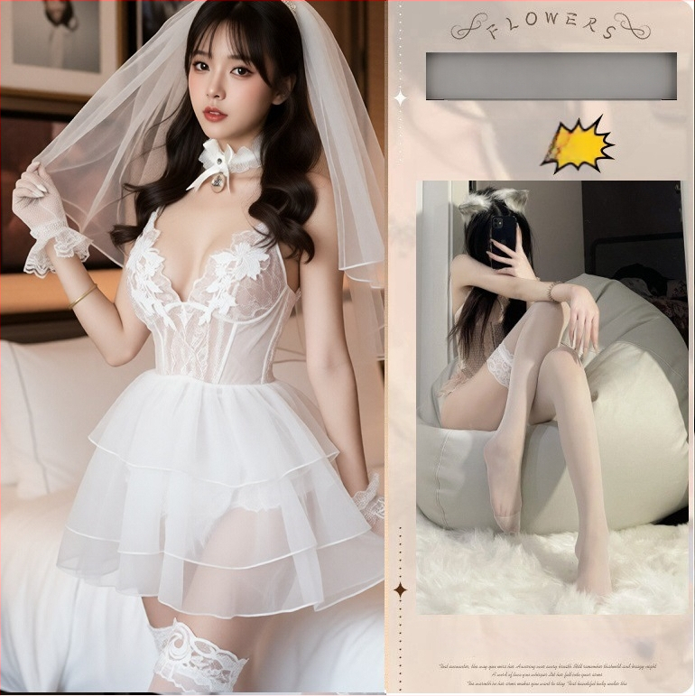 Seksa veļas komplekts ar caurredzamu dziļu V izgriezumu, kalpones uniforma lomu spēlei, poliesters