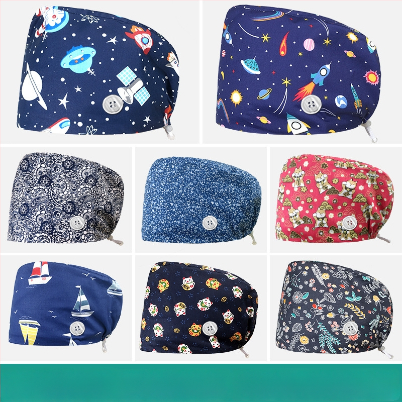 Unisex medvilninė chirurginė kepurė su spauda, plokščias viršus ir kraštas, skirta medicinos personalui, prekės ženklas Nianqing, pavasaris 2023