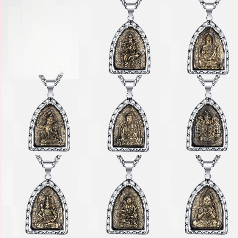 Titāna tērauda kaklarota ar Budas amuletu, astoņi aizbildņi, muguras zodiaks un diamantu akcenti