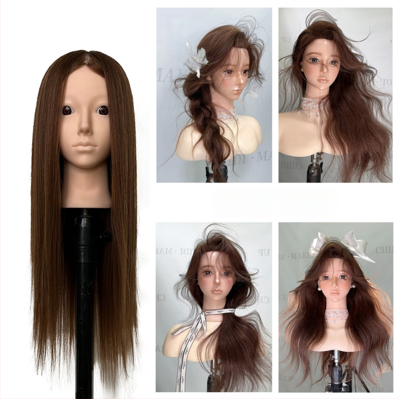 XY-004 Model glave za wig za praksu friziranja, kosa od mješovitih vlakana, duga ravna kosa s šiškama (ravnom ili kosom), srednje-duga duljina