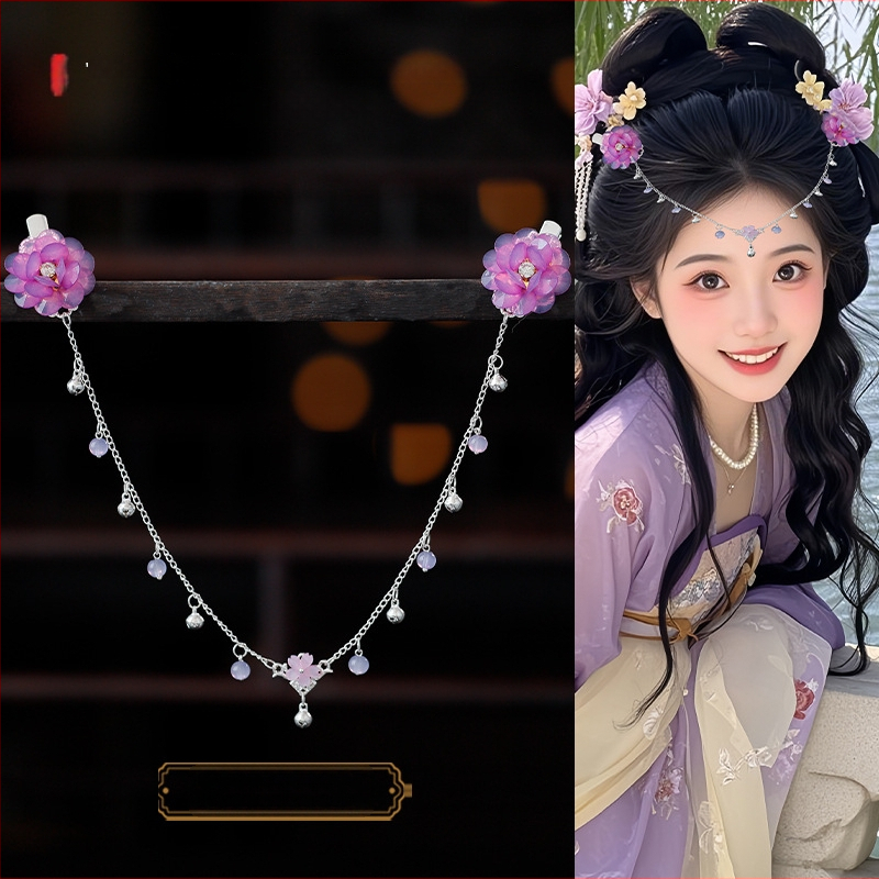 Ornament pentru frunte în stil Hanfu, aliaj, accesorii vintage pentru păr cu floare de camelia, tricotat manual, cod A355, origine Jinhua