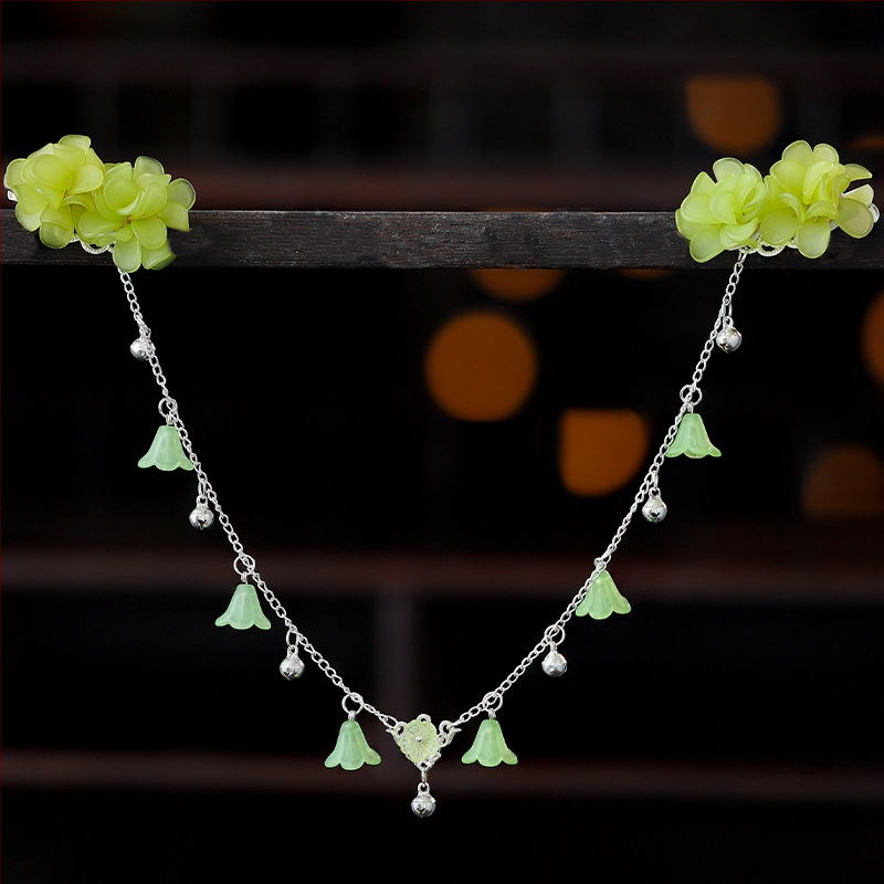 Ornament pentru frunte în stil Hanfu, aliaj, accesorii vintage pentru păr cu floare de camelia, tricotat manual, cod A355, origine Jinhua