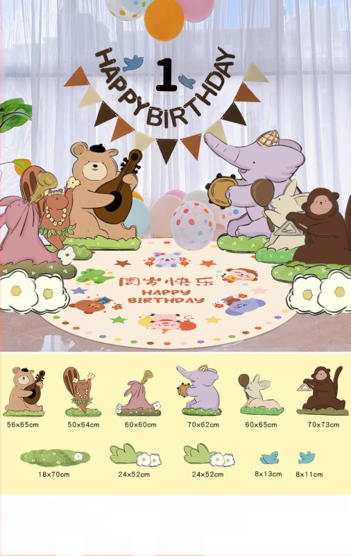 Dzimšanas dienas skatuves dekoru komplekts ar KT paneļu fonu un baloniem — papīrs, krītošie baloni, astes bumbas formas baloni