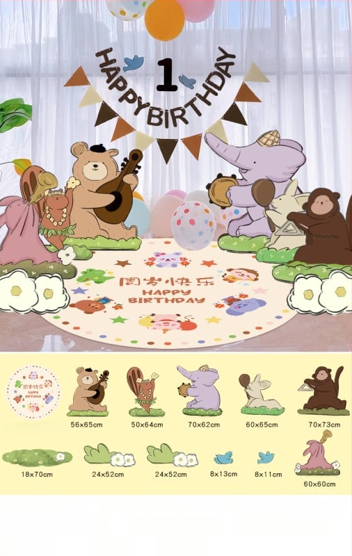 Dzimšanas dienas skatuves dekoru komplekts ar KT paneļu fonu un baloniem — papīrs, krītošie baloni, astes bumbas formas baloni