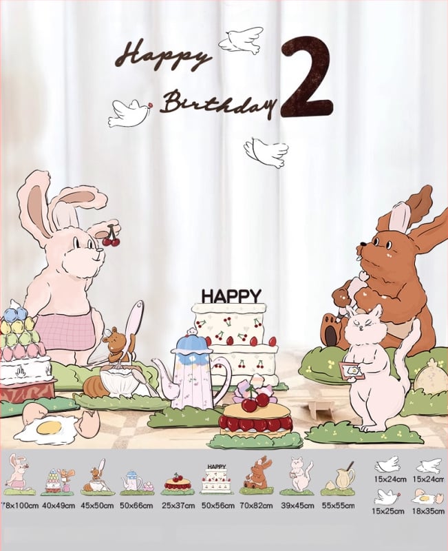 Dzimšanas dienas skatuves dekoru komplekts ar KT paneļu fonu un baloniem — papīrs, krītošie baloni, astes bumbas formas baloni