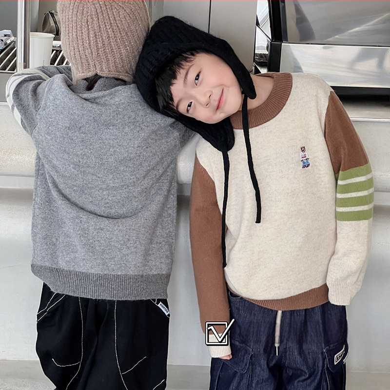 Bērnu vilnas džemperis korejiešu stilā, apaļu kakla, garas piedurknes, vienkrāsains raksts, 3–8 gadiem, ziema