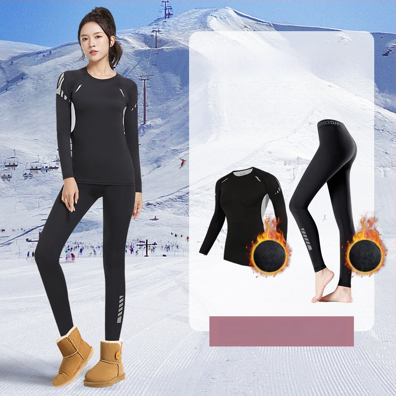 Moterų žiemos terminis slidinėjimo komplektas – spaudiniai, ilgomis rankovėmis, apvalus kaklas, be pamušalo, poliesteris 91–95%, viršus ir apatiniai