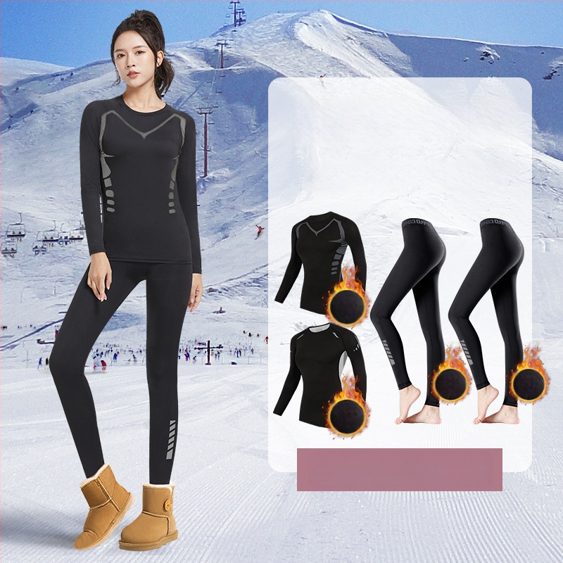 Moterų žiemos terminis slidinėjimo komplektas – spaudiniai, ilgomis rankovėmis, apvalus kaklas, be pamušalo, poliesteris 91–95%, viršus ir apatiniai