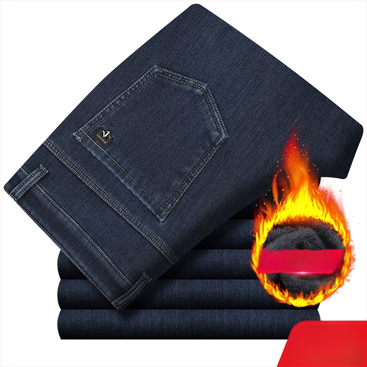 Meeste teksased fliisvoodriga, kõrge elastikkus, sirge lõige, kõrge vöökoht, pestud puuvillane