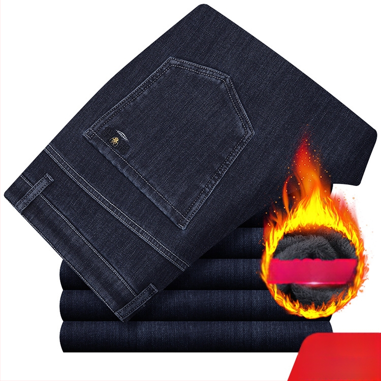 Meeste teksased fliisvoodriga, kõrge elastikkus, sirge lõige, kõrge vöökoht, pestud puuvillane