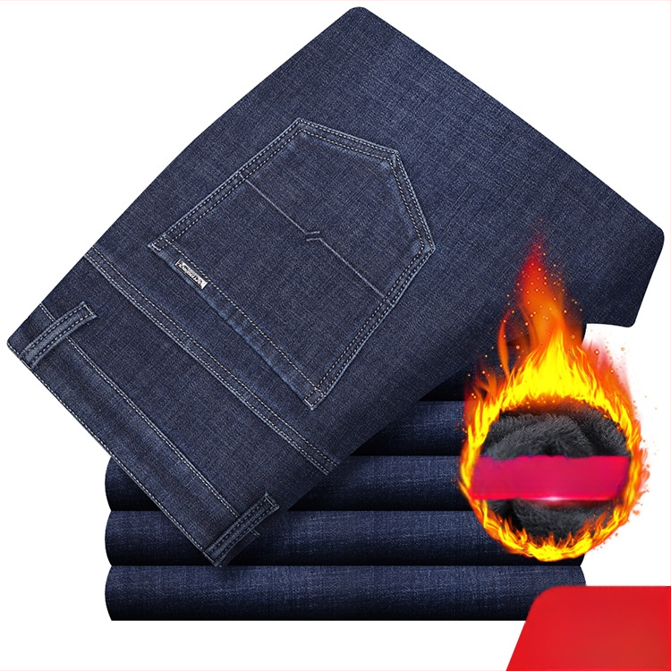 Meeste teksased fliisvoodriga, kõrge elastikkus, sirge lõige, kõrge vöökoht, pestud puuvillane