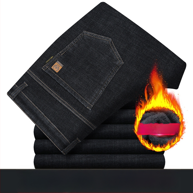 Meeste teksased fliisvoodriga, kõrge elastikkus, sirge lõige, kõrge vöökoht, pestud puuvillane