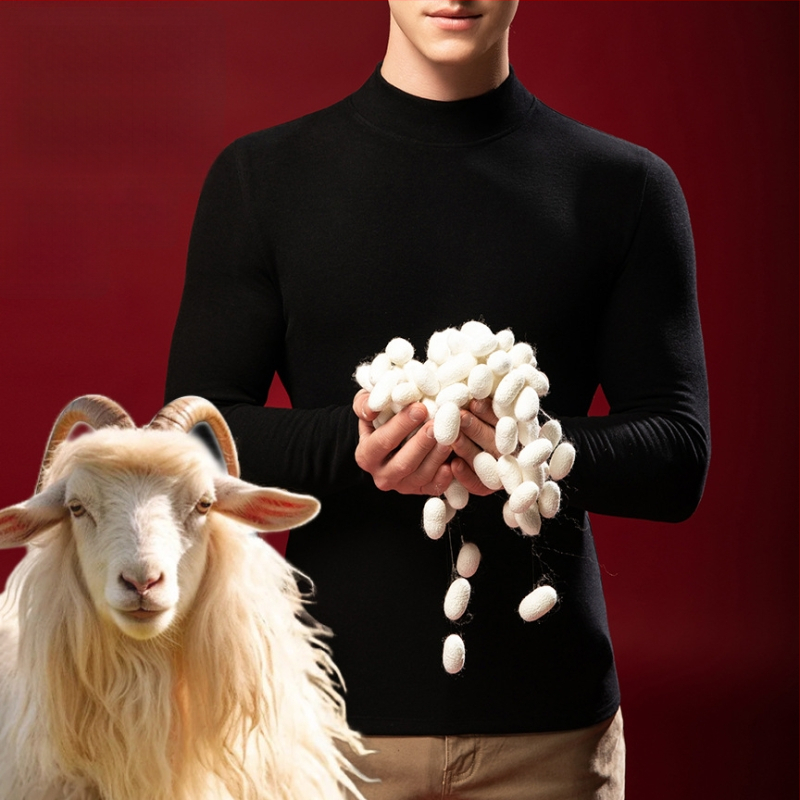 Tricou termic pentru bărbați din lână-mătase cu guler semiînalt, căptușit velur, grosime extra 301-350 g/m²