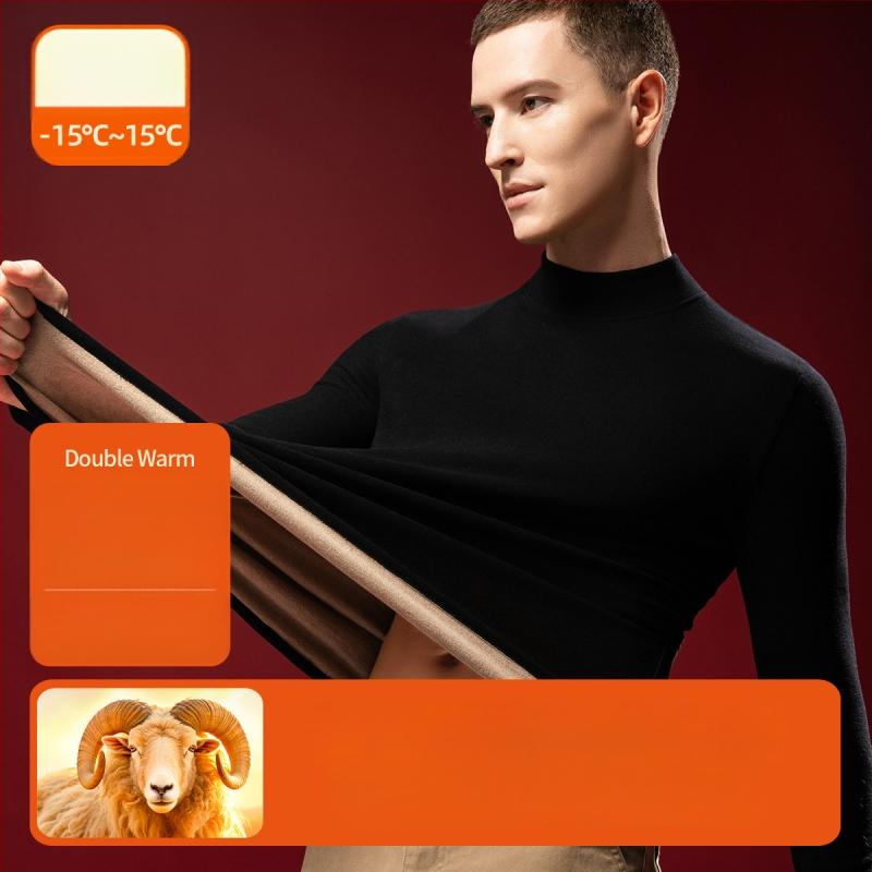 Tricou termic pentru bărbați din lână-mătase cu guler semiînalt, căptușit velur, grosime extra 301-350 g/m²