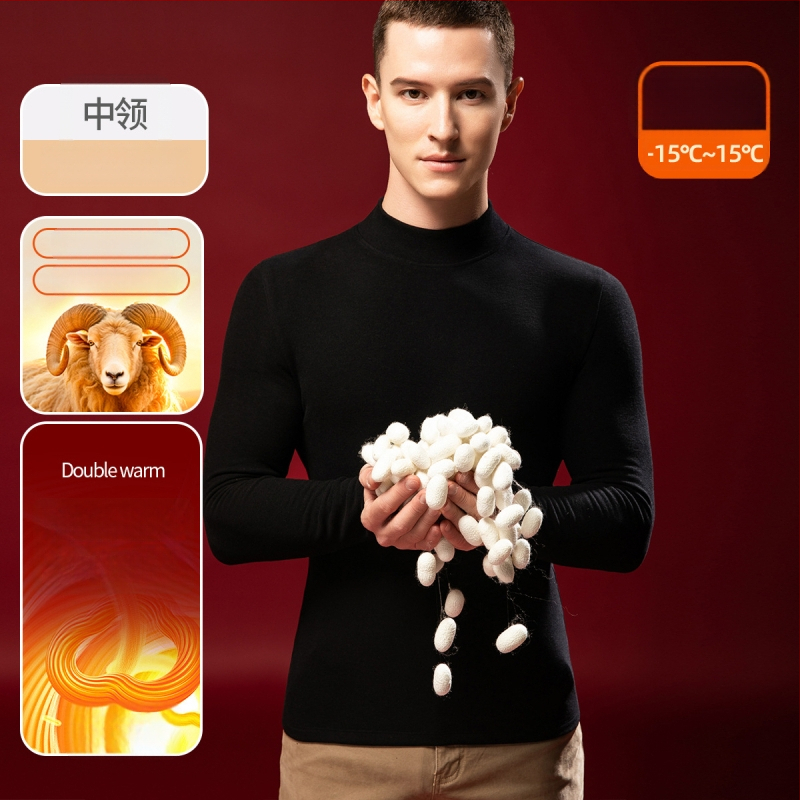 Tricou termic pentru bărbați din lână-mătase cu guler semiînalt, căptușit velur, grosime extra 301-350 g/m²