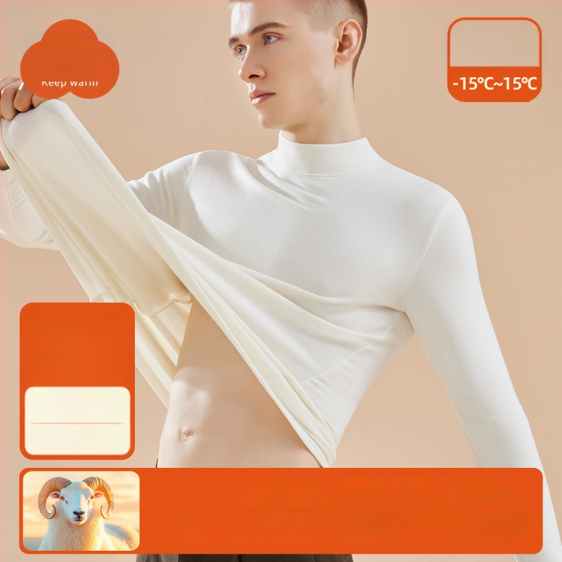 Tricou termic pentru bărbați din lână-mătase cu guler semiînalt, căptușit velur, grosime extra 301-350 g/m²