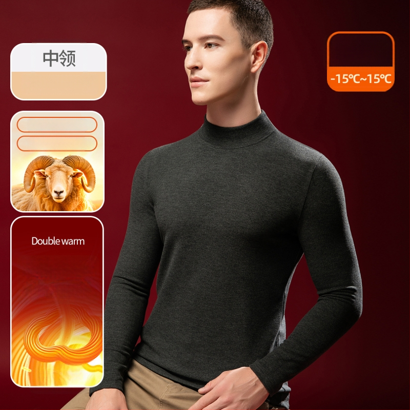 Tricou termic pentru bărbați din lână-mătase cu guler semiînalt, căptușit velur, grosime extra 301-350 g/m²