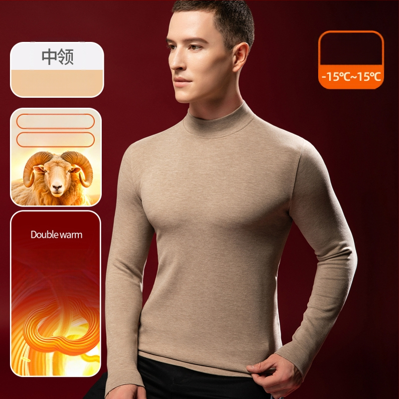 Tricou termic pentru bărbați din lână-mătase cu guler semiînalt, căptușit velur, grosime extra 301-350 g/m²