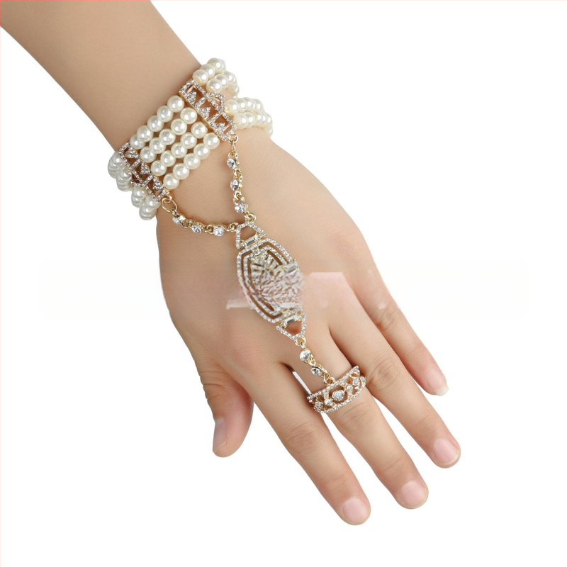 Gatsby- inspirirana narukvica s integriranim prstenom, legura, dijamantni završetak, Twice Happy, ženski modni dodatak za ruku