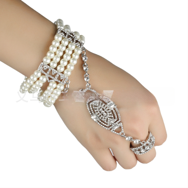 Gatsby- inspirirana narukvica s integriranim prstenom, legura, dijamantni završetak, Twice Happy, ženski modni dodatak za ruku