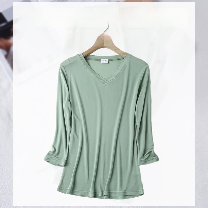 Ženski saten top, 3/4 rukav, V-izrez, 23% Mulberry svila + 77% viskoza, duljina 50–65 cm