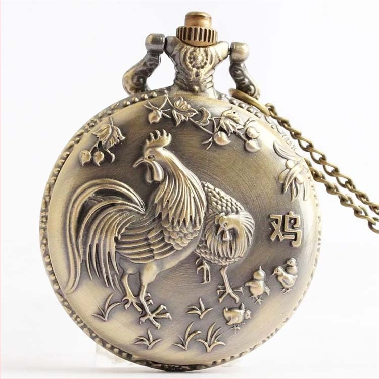 Antīks kabatas pulkstenis ar 12 zodiakiem, kvarca mehānisms, metāla korpuss un kaklarota