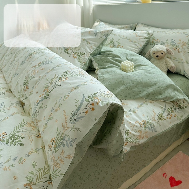 Set pat 4 piese din bumbac 100% cu model floral de plante, bumbac 60s, imprimare reactiva, tesătură twill, confort pe toate sezoanele