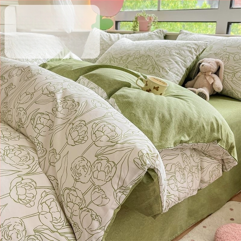 Set pat 4 piese din bumbac 100% cu model floral de plante, bumbac 60s, imprimare reactiva, tesătură twill, confort pe toate sezoanele