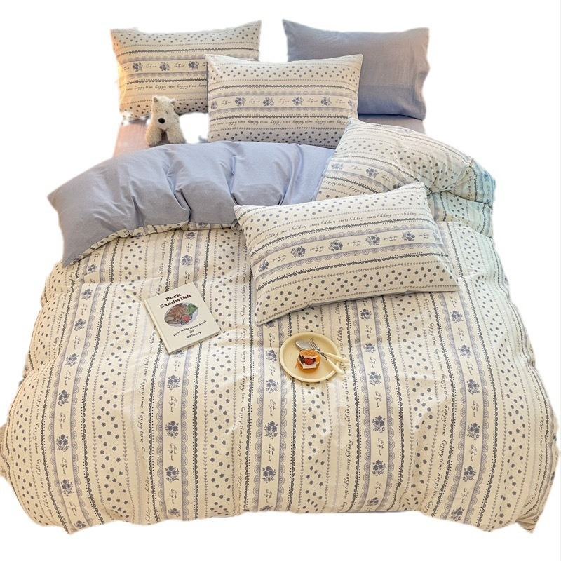 Set pat 4 piese din bumbac 100% cu model floral de plante, bumbac 60s, imprimare reactiva, tesătură twill, confort pe toate sezoanele