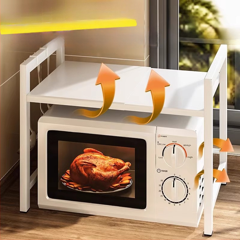 Ištempiamas virtuvės lentyna mikrobangų krosnelėms ir ryžių virimui, dviejų lygių dizainas, anglies plienas, be montavimo, skirtas stalviršio naudojimui