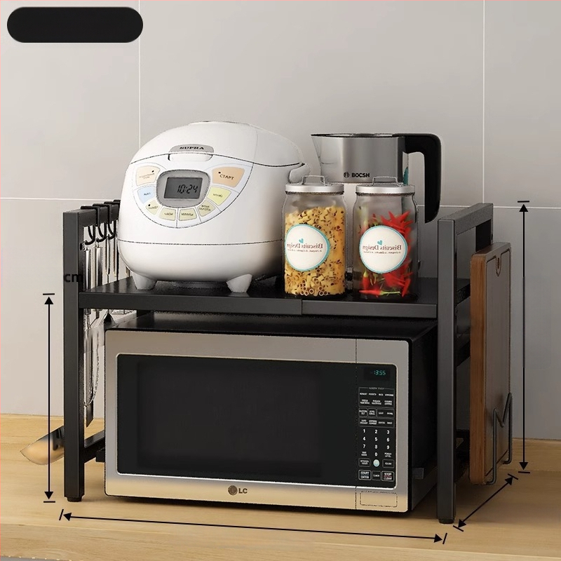 Ištempiamas virtuvės lentyna mikrobangų krosnelėms ir ryžių virimui, dviejų lygių dizainas, anglies plienas, be montavimo, skirtas stalviršio naudojimui