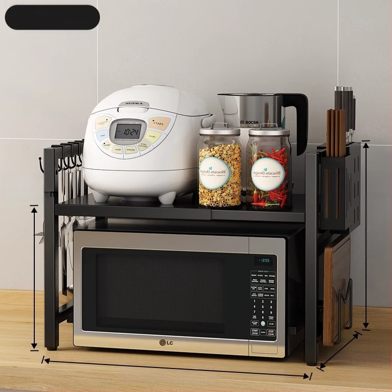 Ištempiamas virtuvės lentyna mikrobangų krosnelėms ir ryžių virimui, dviejų lygių dizainas, anglies plienas, be montavimo, skirtas stalviršio naudojimui