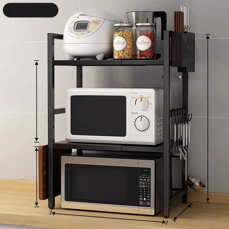 Ištempiamas virtuvės lentyna mikrobangų krosnelėms ir ryžių virimui, dviejų lygių dizainas, anglies plienas, be montavimo, skirtas stalviršio naudojimui