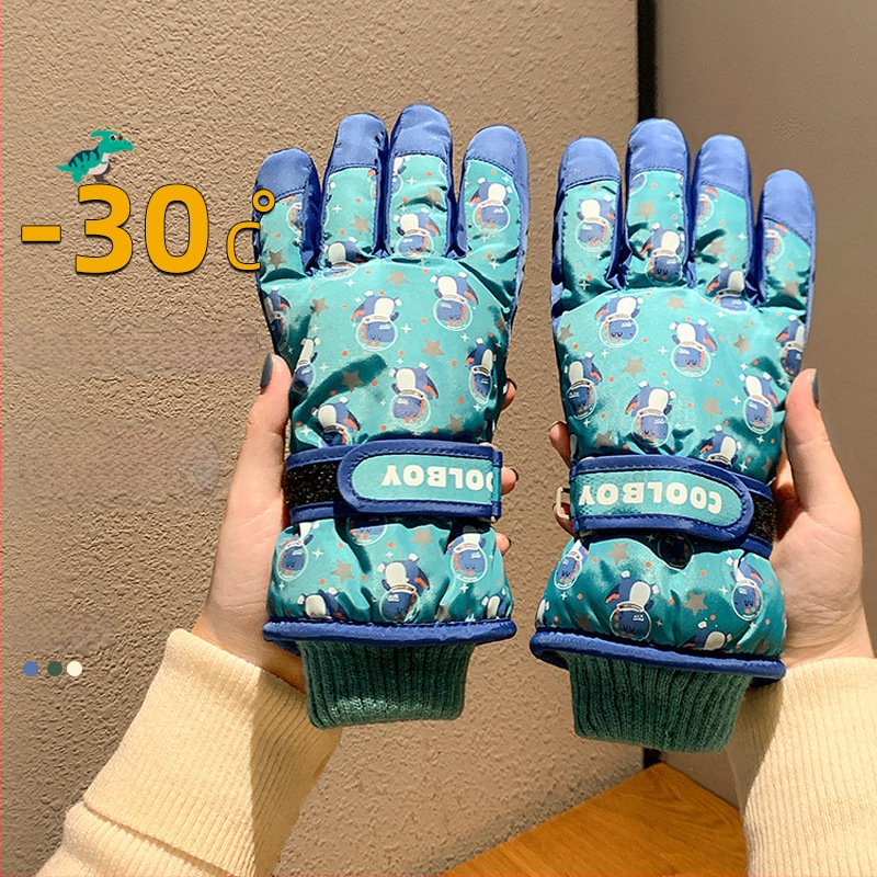 Bērnu slēpošanas cimdi no kokvilnas, universālie, vecums 2–12 gadi, karikatūru raksts, atdalīti pirksti