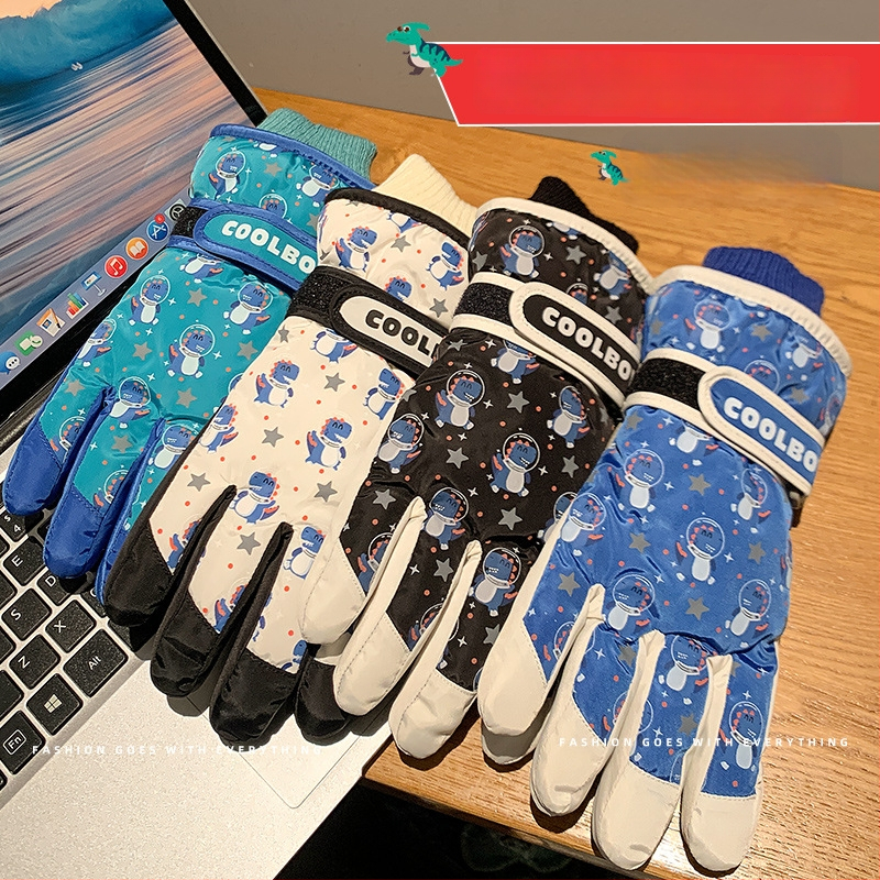 Bērnu slēpošanas cimdi no kokvilnas, universālie, vecums 2–12 gadi, karikatūru raksts, atdalīti pirksti