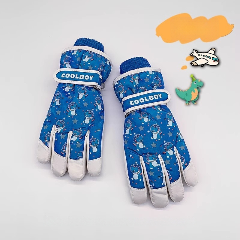 Bērnu slēpošanas cimdi no kokvilnas, universālie, vecums 2–12 gadi, karikatūru raksts, atdalīti pirksti