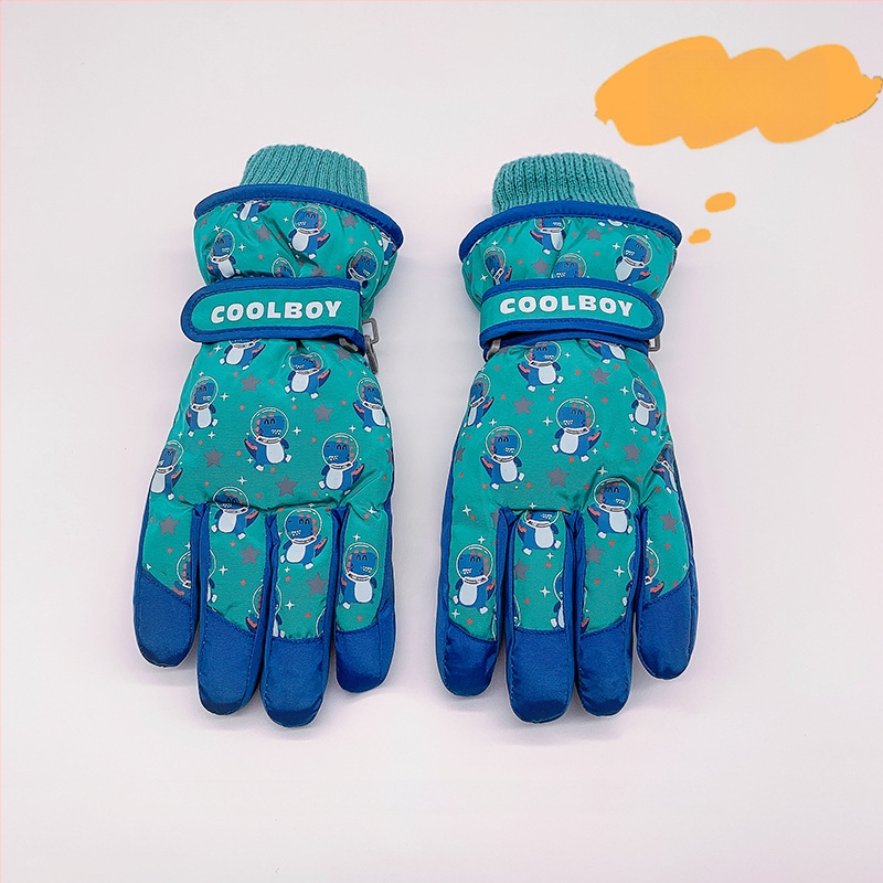 Bērnu slēpošanas cimdi no kokvilnas, universālie, vecums 2–12 gadi, karikatūru raksts, atdalīti pirksti