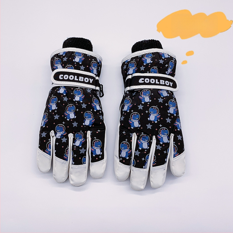 Bērnu slēpošanas cimdi no kokvilnas, universālie, vecums 2–12 gadi, karikatūru raksts, atdalīti pirksti