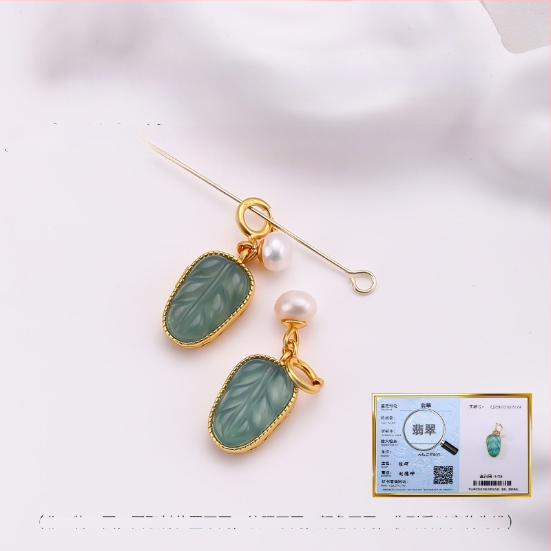 Hongma jáde medál, 925 ezüst aranyozott bevonattal, intarzázott kivitel, uniszex, levél alakú