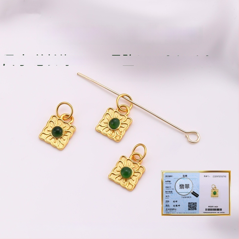 Hongma jáde medál, 925 ezüst aranyozott bevonattal, intarzázott kivitel, uniszex, levél alakú