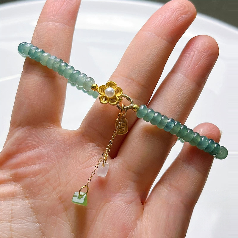 Jádeit abaku-gyöngyökből álló karkötő, jéghatású fény, 925-ös ezüst, kínai stílusban