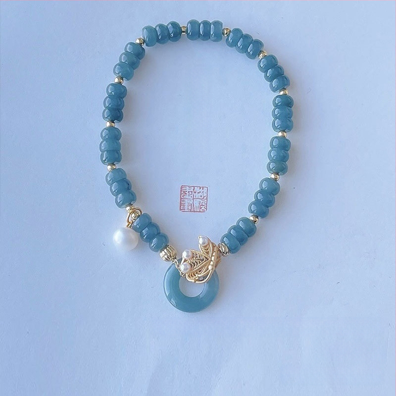 Jádeit abaku-gyöngyökből álló karkötő, jéghatású fény, 925-ös ezüst, kínai stílusban